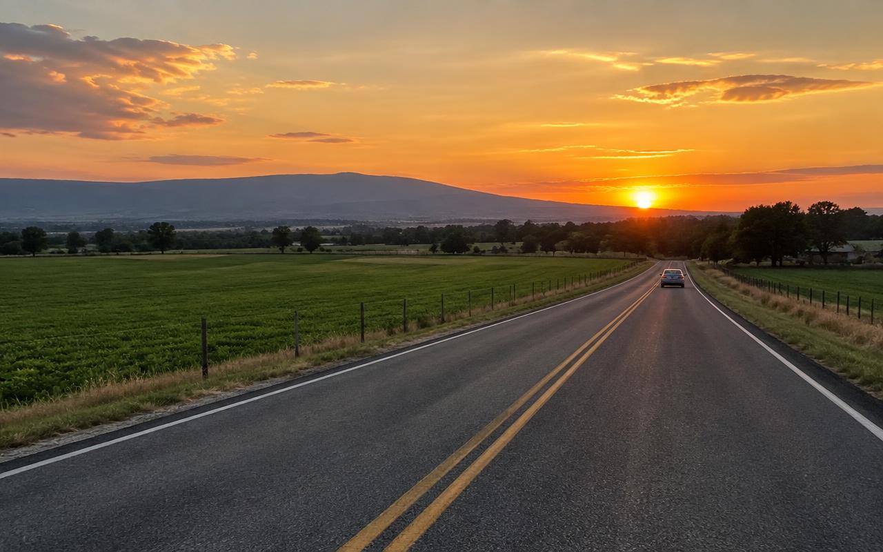 Road through Treasure Valley farmland at sunset