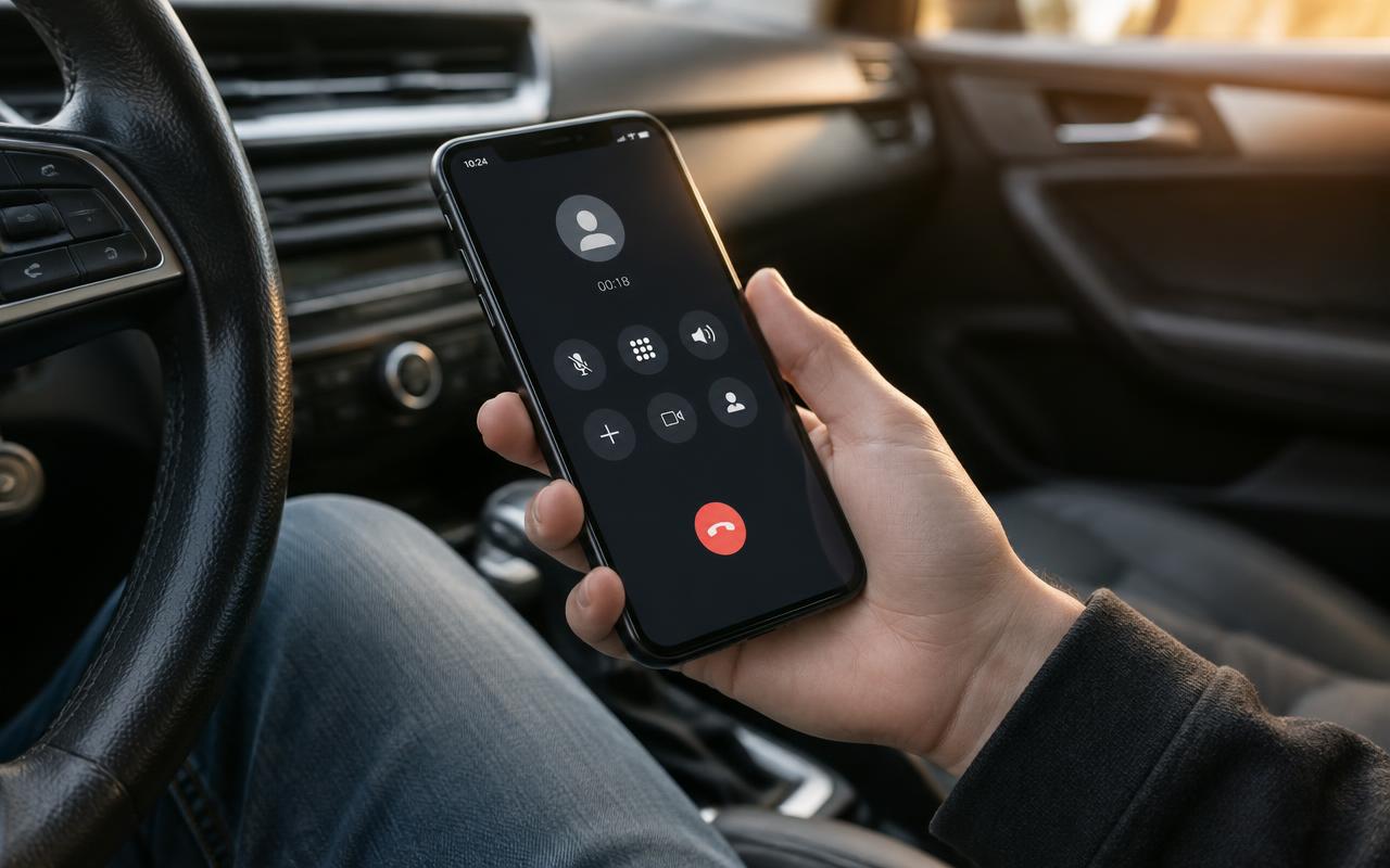 Hand holding a phone during a call inside a parked car